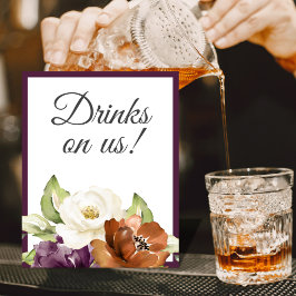 Póster Letrero de Bebidas de Boda Otoñal con Floral Púrpu