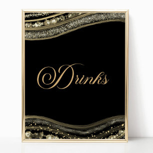 Póster Letrero de Bebidas de Fiesta de Ágata Negra Dorada