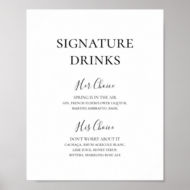 Póster Letrero de Bebidas de Firma Simple y Elegante (Frente)