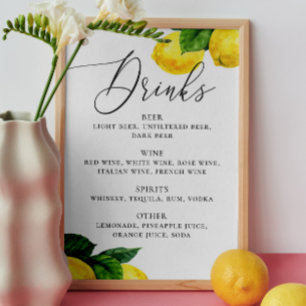 Póster Letrero de Bebidas de Limón   Bar de Bodas Botánic