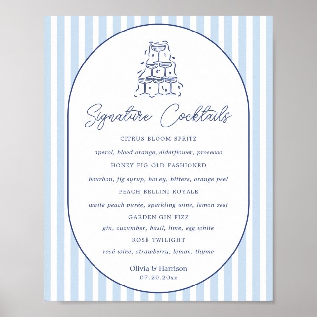 Póster Letrero de Bebidas Destacadas de Boda con Raya de  (Frente)