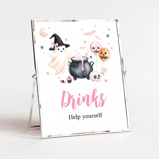 Póster Letrero de Bebidas Fantasmita Rosa (Girl Little Boo Baby Shower Drinks Sign)