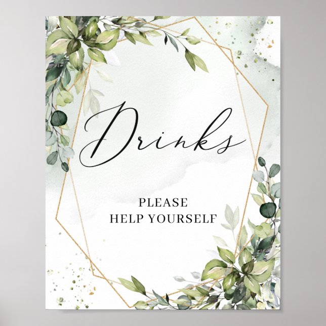 Póster Letrero de bebidas geométricas doradas con follaje (Frente)