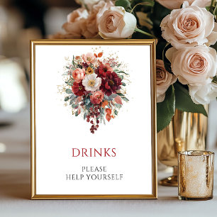 Póster Letrero de Bebidas Otoño Boho Granate Flores 8x10