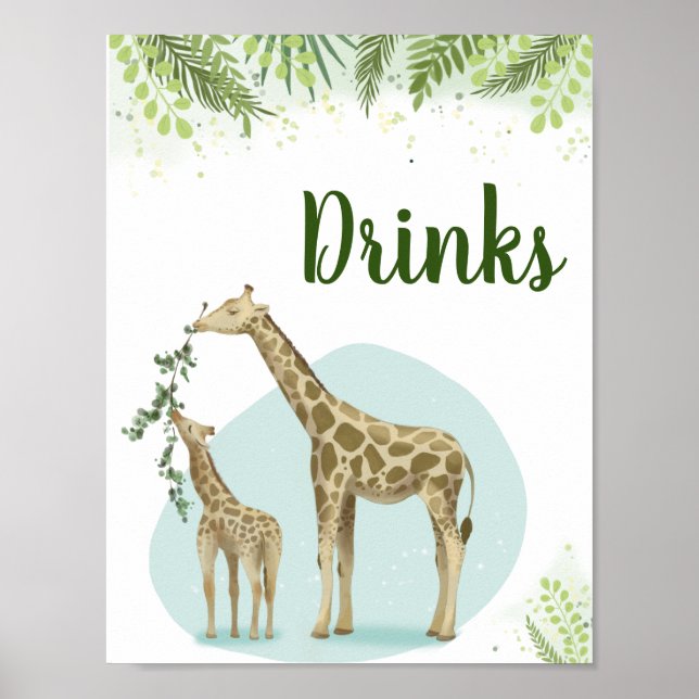 Póster Letrero de bebidas para baby shower de jirafa safa (Frente)