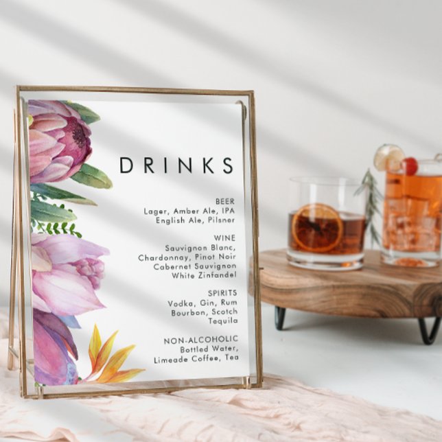 Póster Letrero de Bebidas para Boda con Flores Tropicales (Subido por el creador)