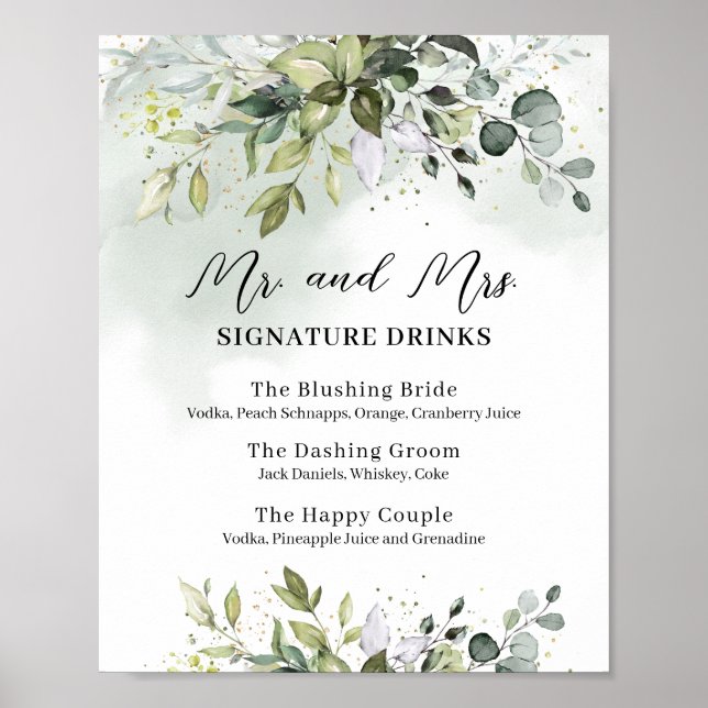 Póster Letrero de bebidas_signature de novios con vegetac (Frente)