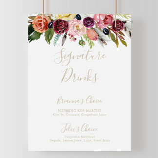 Póster Letrero de Bebidas Típicas Boho Tropical con Pluma