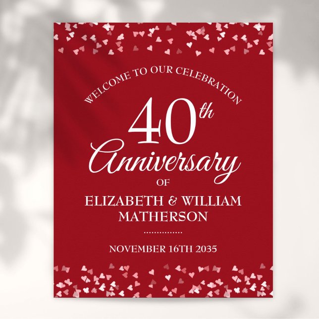 Póster Letrero de bienvenida 40 aniversario Ruby Love Hea (40th Anniversary Ruby Love Hearts Welcome Sign)