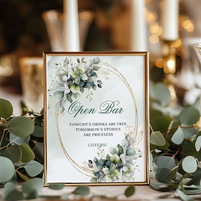 Póster Letrero de bienvenida a barra libre de boda con eu (Dusty Green Eucalyptus Open Bar Wedding Sign)