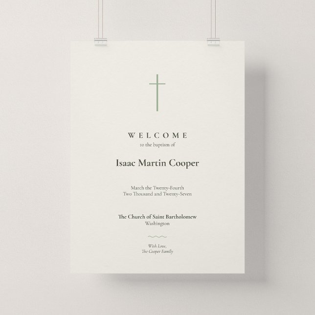 Póster Letrero de Bienvenida a la Iglesia de Bautismo Gra (Grace | Sage. Minimalist cross baptism church welcome poster.)