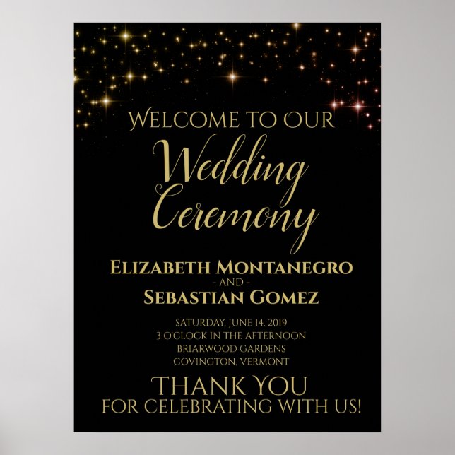 Póster Letrero de bienvenida a nuestra boda con destellos (Frente)