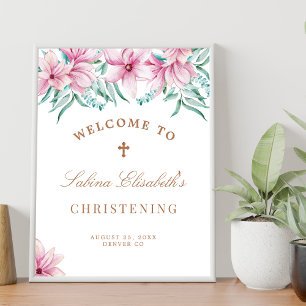 Póster Letrero de bienvenida al bautizo con acuarela flor