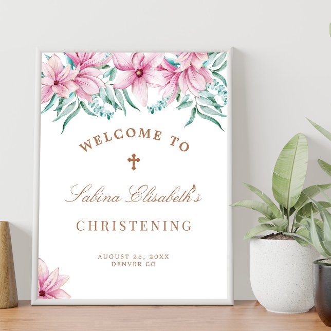 Póster Letrero de bienvenida al bautizo con acuarela flor (Subido por el creador)