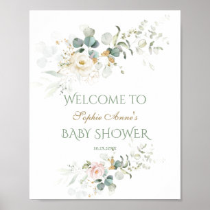 Póster Letrero de bienvenida Baby Shower de flores blanca