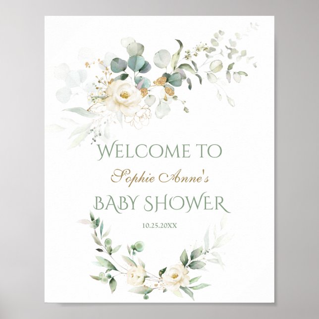 Póster Letrero de bienvenida Baby Shower Floral Green Whi (Frente)