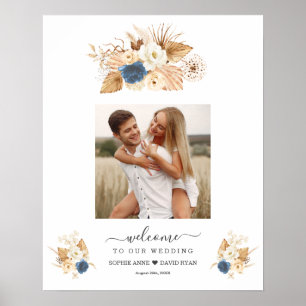 Póster Letrero de Bienvenida Bodas Rosas Melocotón Blanco