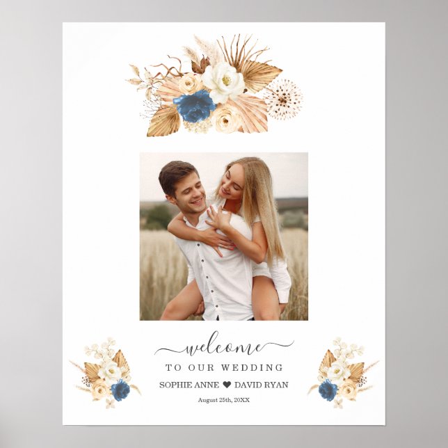 Póster Letrero de Bienvenida Bodas Rosas Melocotón Blanco (Frente)