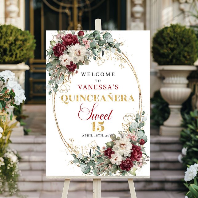 Póster Letrero de bienvenida Boho Borgoña Floral Dorado p (Boho Burgundy Floral Gold Quinceanera Welcome Sign)