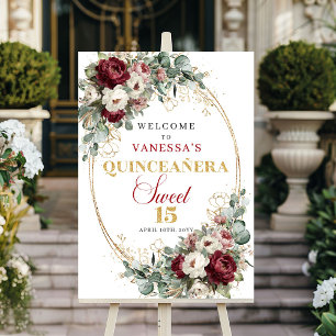 Póster Letrero de bienvenida Boho Floral Quinceanera Burg