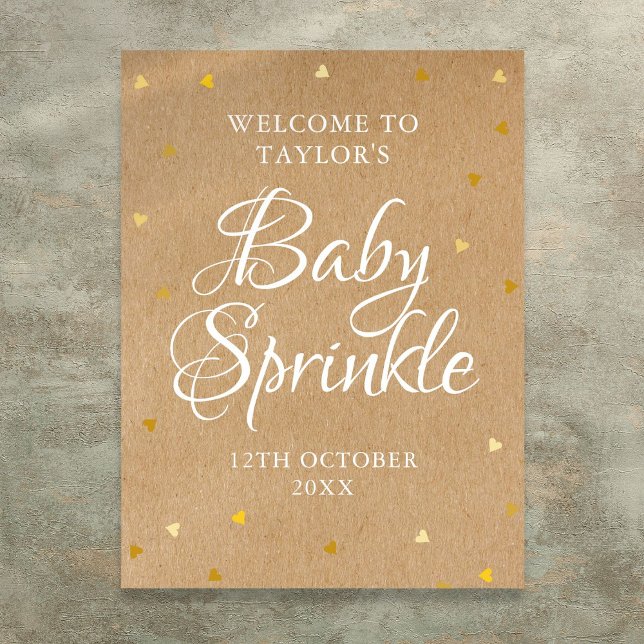 Póster Letrero de bienvenida boho para baby sprinkle con  (Gold Love Hearts Baby Sprinkle Boho Welcome Sign)