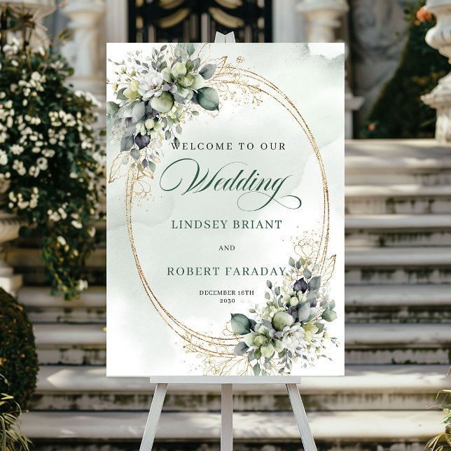Póster Letrero de bienvenida botánico con rosas blancas r (Romantic White Roses Botanical Welcome Sign)