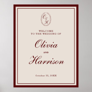 Póster Letrero de Bienvenida Clásico de Boda con Monogram