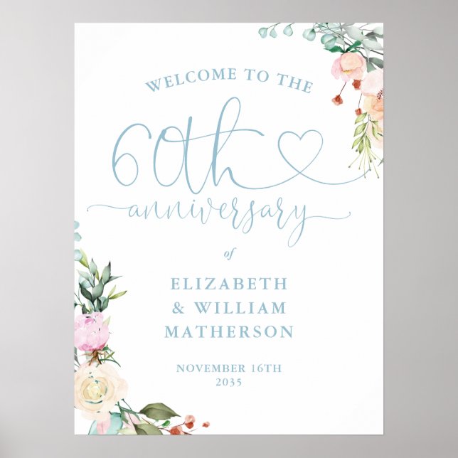 Póster Letrero de bienvenida con corazón y flores del 60º (Frente)