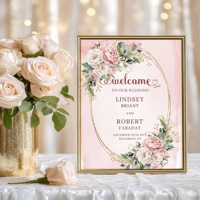 Póster Letrero de bienvenida con flores polvorientas rosa (Boho Dusty Pink Flowers Gold Glitter Welcome Sign)