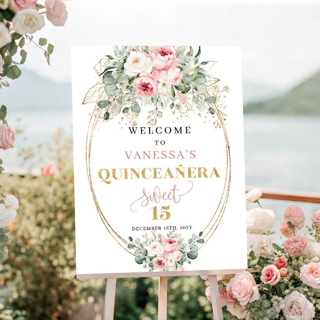 Póster Letrero de bienvenida de 15 años con flores rosada (Luxury Pastel Pink Floral 15th Welcome Sign)