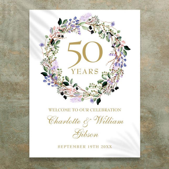 Póster Letrero de bienvenida de aniversario de bodas de 5 (Floral 50th Wedding Anniversary Welcome Sign)