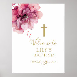 Póster Letrero de bienvenida de bautizo floral de acuarel