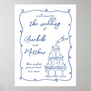Póster Letrero de bienvenida de boda azul caprichoso dibu
