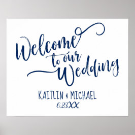 Póster Letrero de Bienvenida de Boda Azul Marino - Caligr