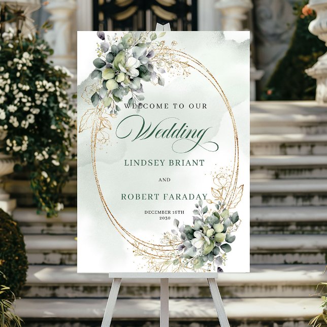 Póster Letrero de Bienvenida de Boda Bohemio Romántico en (Romantic Bohemian Wedding Welcome Sign Gold)