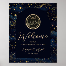 Póster Letrero de bienvenida de boda boho celestial noche
