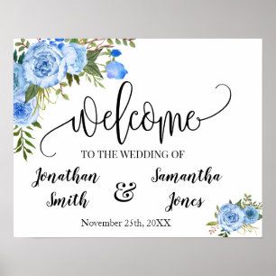 Póster Letrero de bienvenida de boda boho chic azul flora