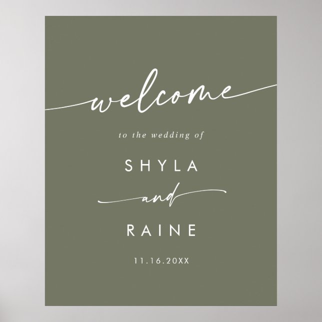 Póster Letrero de bienvenida de boda boho chic verde oliv (Frente)