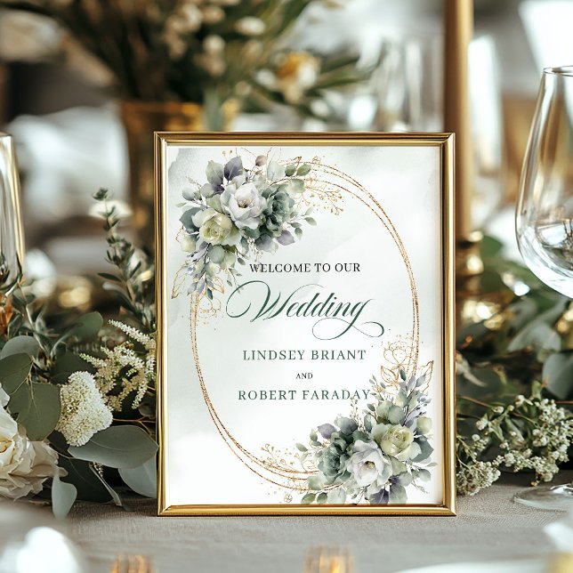 Póster Letrero de bienvenida de boda Boho Greenery Eucali (Wedding Welcome Boho Dusty Green Eucalyptus Watercolor Wedding Welcome)