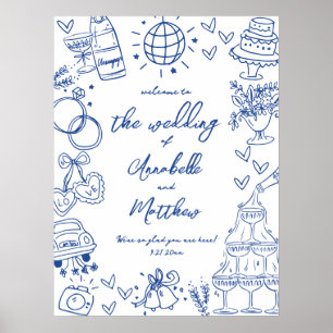 Póster Letrero de bienvenida de boda caprichoso azul dibu