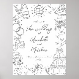 Póster Letrero de Bienvenida de Boda Caprichoso Dibujado 