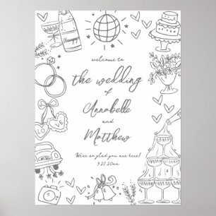 Póster Letrero de Bienvenida de Boda Caprichoso Dibujado 