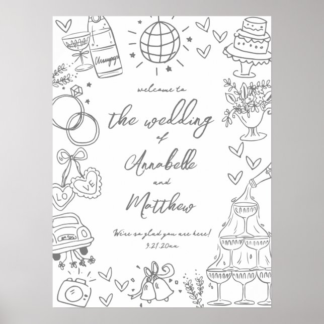 Póster Letrero de Bienvenida de Boda Caprichoso Dibujado  (Frente)