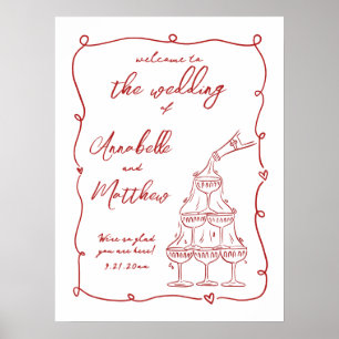 Póster Letrero de bienvenida de boda caprichoso rojo dibu