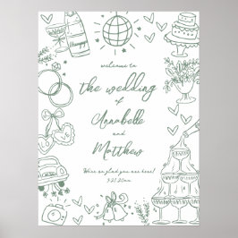 Póster Letrero de bienvenida de boda caprichoso verde dib