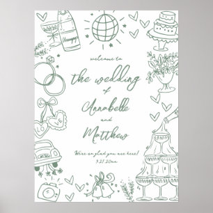 Póster Letrero de bienvenida de boda caprichoso verde dib