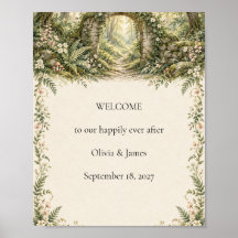 Letrero de bienvenida de boda con arco de bosque e