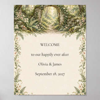 Póster Letrero de bienvenida de boda con arco de bosque e