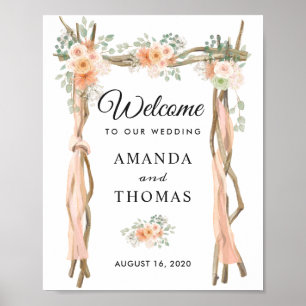 Póster Letrero de bienvenida de boda con arco de madera f