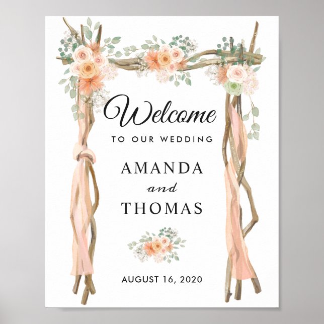 Póster Letrero de bienvenida de boda con arco de madera f (Frente)